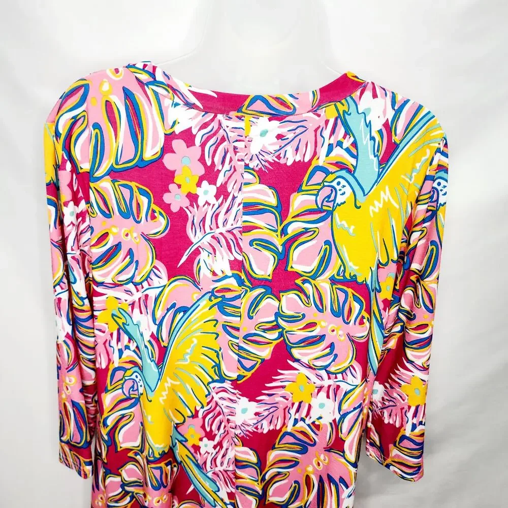 Women's Medium Pink Tropical Print Tunic Top 3/4 Sleeve Resort Wear Bold Print - Picture 13 of 13